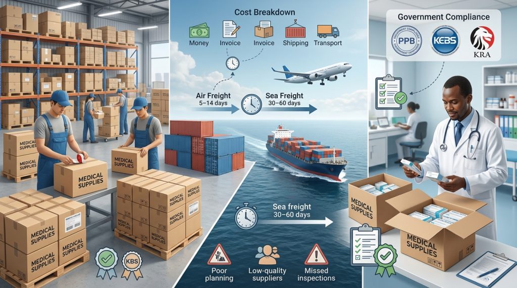 Infographic showing regulations, costs, timelines and quality control in shipping from China to Kenya for medical supplies