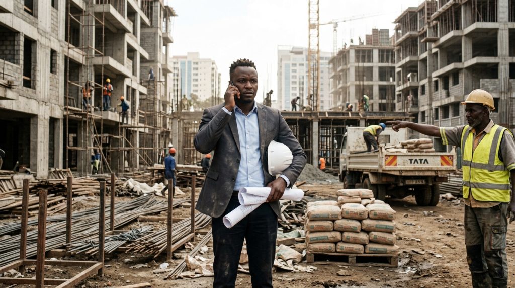 Kenyan construction magnate at active building site reviewing plans while facing low cement and steel supplies, showing need for sourcing and importing construction materials from China to Kenya