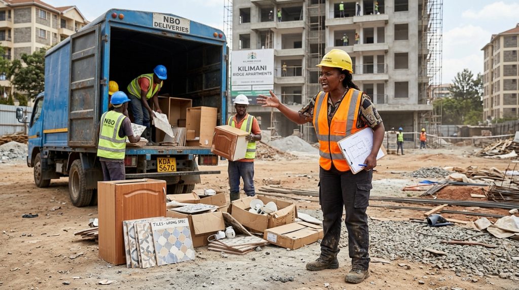 Kenyan contractor at a construction site frustrated after receiving wrong building materials imported from China to Kenya, surrounded by workers unloading tiles and fixtures.”