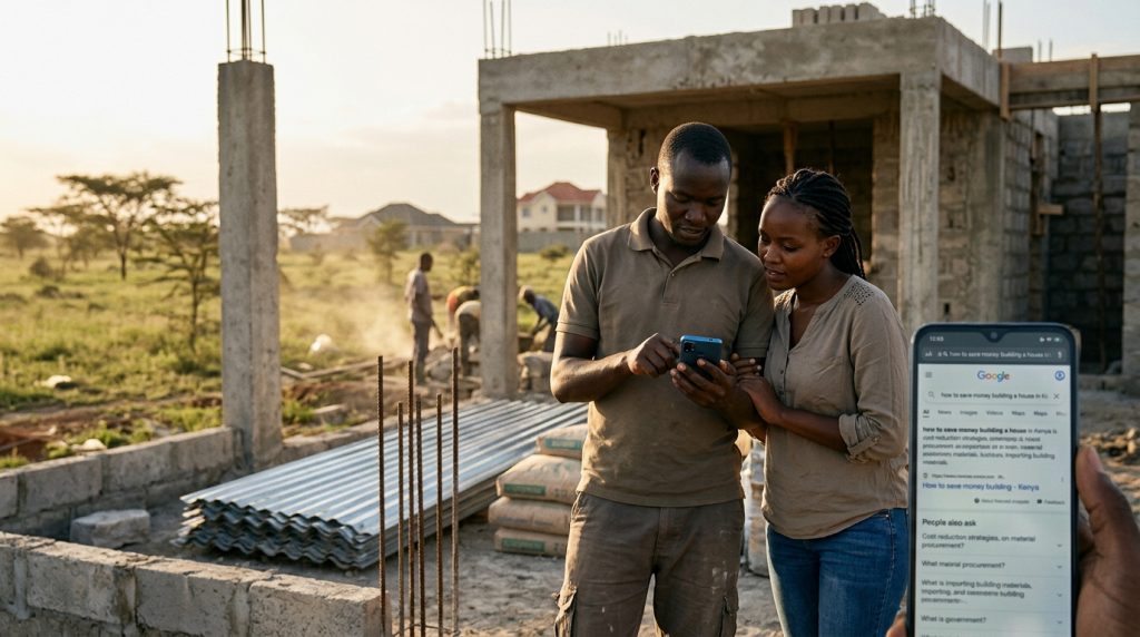 Young Kenyan couple at a construction site using a smartphone to research how to import building materials from China to Kenya, highlighting cost-effective home building strategies for house projects