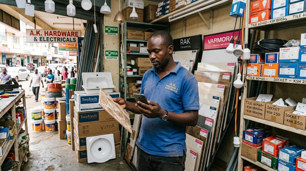 African hardware shop owner in Kenya reviewing tiles and electrical supplies on phone, representing sourcing and importing goods from China to Kenya for retail business