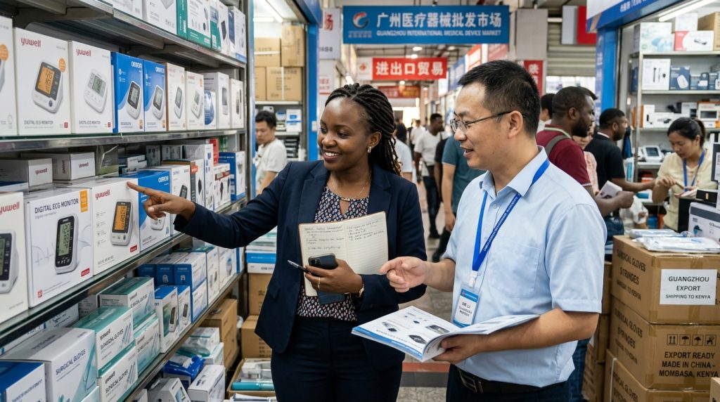 Kenyan lady sourcing medical supplies in Guangzhou China for shipping from China to Kenya
