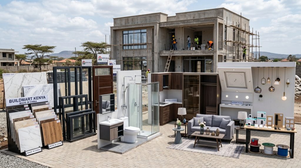 “Display of modern building materials and home finishing products imported from China to Kenya, illustrating cost‑saving options through shipping from China to Kenya.”