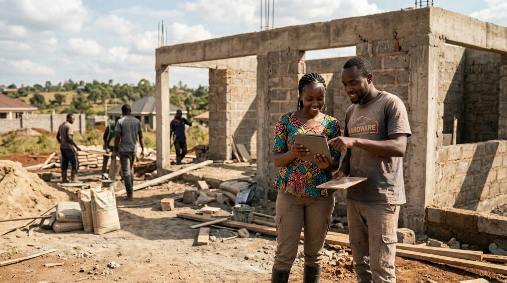 Young Kenyan couple reviewing building plans on a construction site while constructing their home using affordable imported materials from China, showcasing cost-saving house building in Kenya