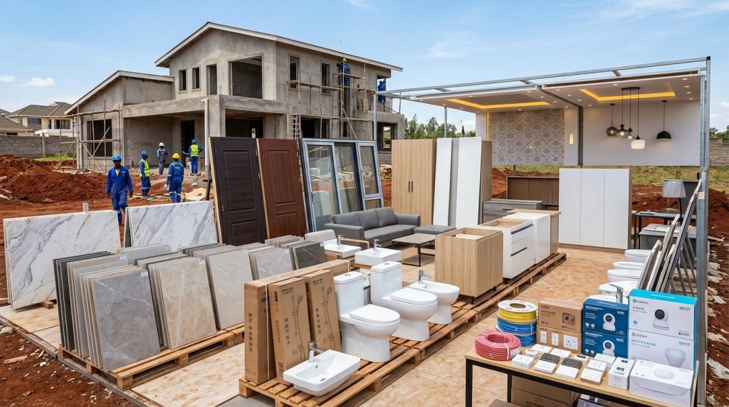 Imported building materials from China to Kenya displayed at a house construction site, including tiles, marble, bathroom fixtures, doors, windows, kitchen cabinets, lighting, furniture, and electrical accessories.